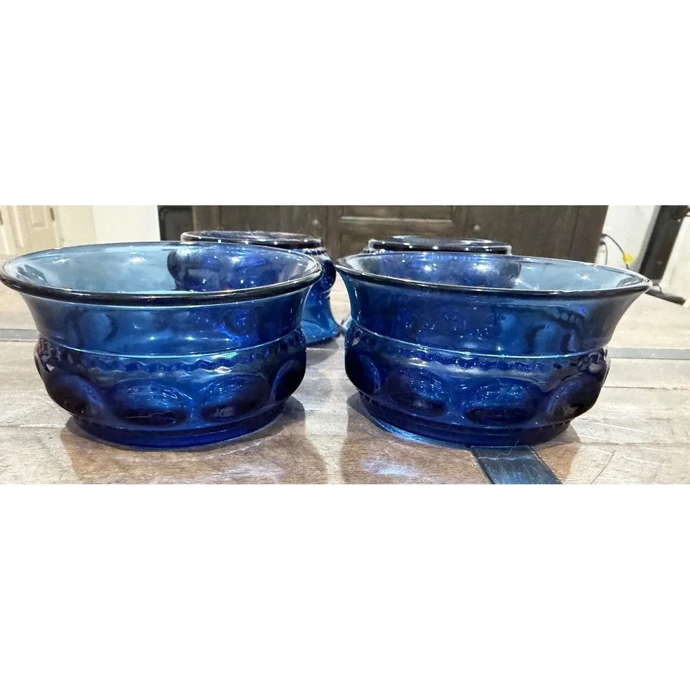 4 Vintage Cobalt Blue Glass Dessert Bowls Thumbprint Kings Crown Mid Century Set